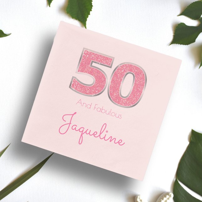 50th Birthday 50 And Fabulous Girly Pink Glitter Napkin (Creator Uploaded)