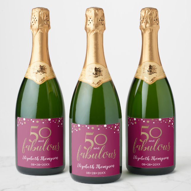 50th birthday 50 and fabulous Gold Magenta Pink Sparkling Wine Label (Bottles)