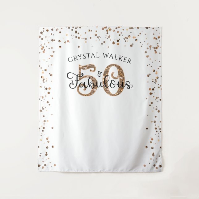 50th Birthday 50 AND FABULOUS Gold Party Backdrop Tapestry (Front)