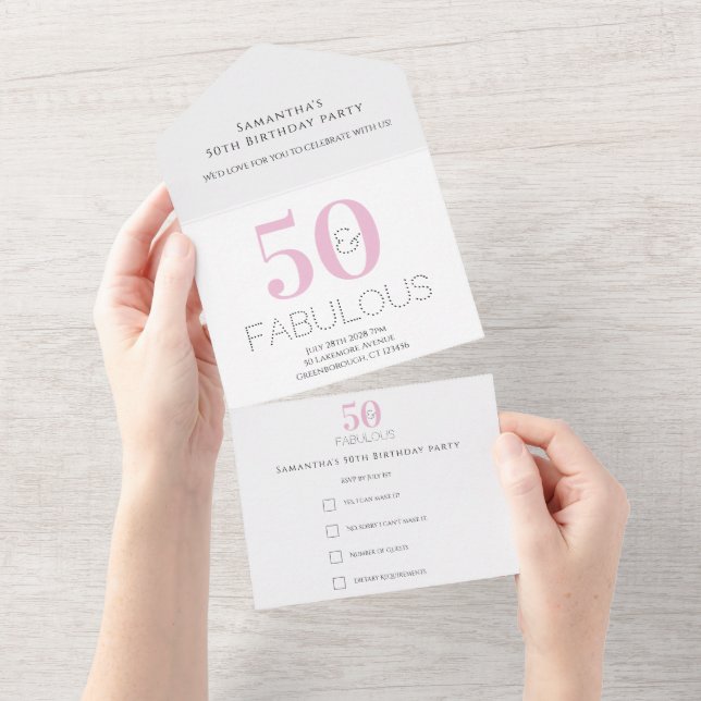 50th Birthday 50 and Fabulous Pink Party All In One Invitation (Tearaway)