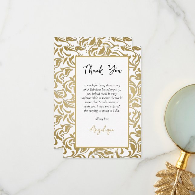 50th Birthday 50 Fabulous Gold Leaves Swirl Image Thank You Card (Front/Back In Situ)