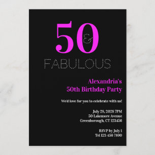 50th Birthday 50 fabulous Neon Pink Black Party Invitation