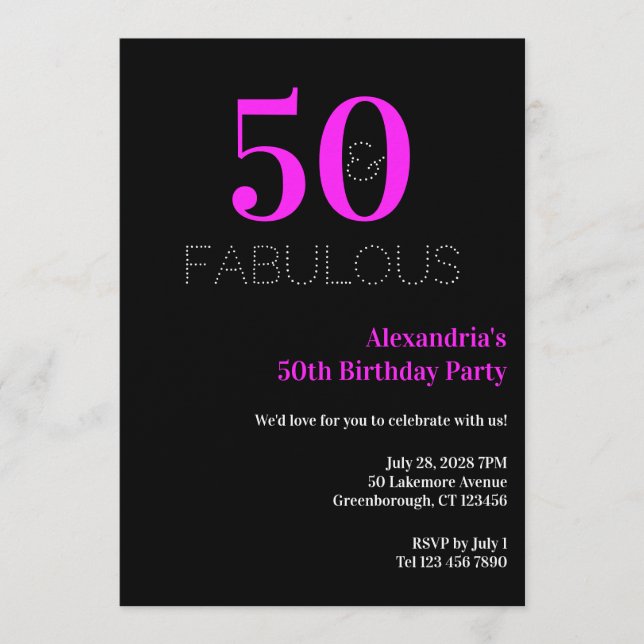 50th Birthday 50 fabulous Neon Pink Black Party Invitation (Front)