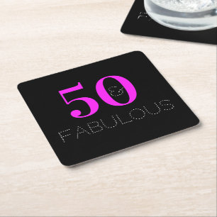 50th Birthday 50 fabulous Neon Pink Black Party Square Paper Coaster