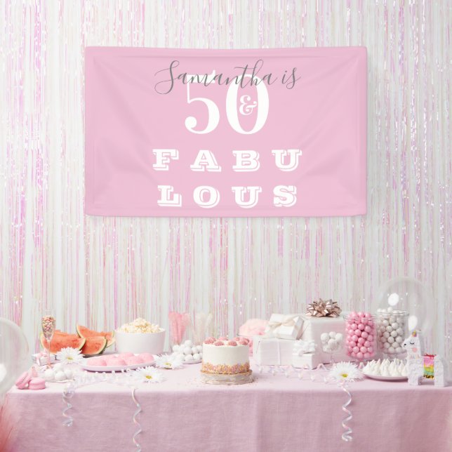 50th Birthday 50 fabulous Pink Grey Birthday Party Banner (Party)