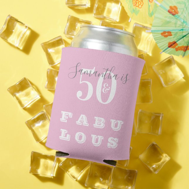 50th Birthday 50 fabulous Pink Grey Birthday Party Can Cooler (In Situ Summer)