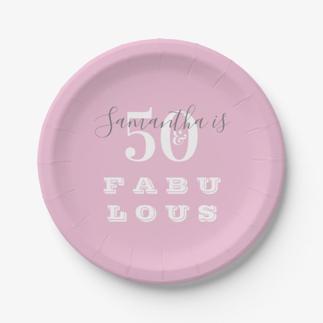 50th Birthday 50 fabulous Pink Grey Party Paper Plate (Front)