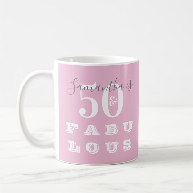 50th Birthday 50 fabulous Pink Grey Personalised Coffee Mug (Left)