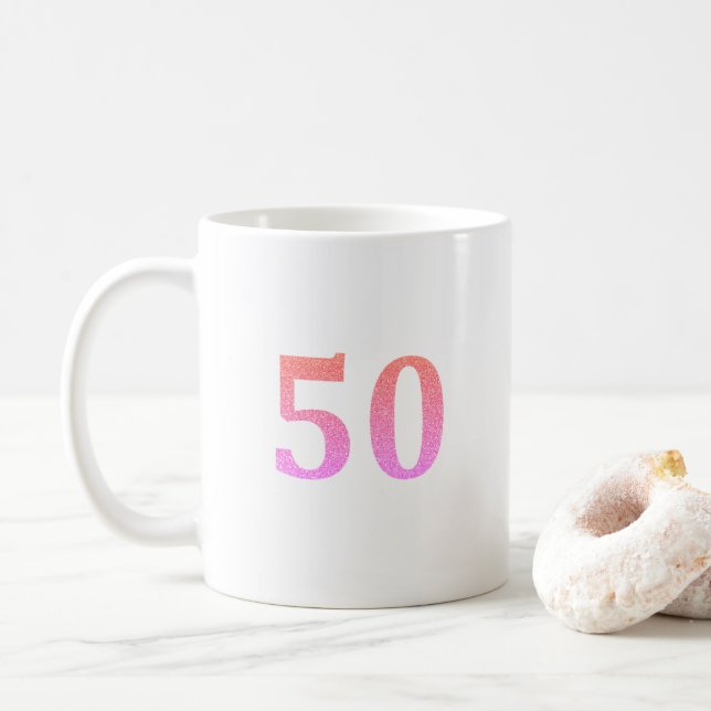 50th Birthday 50 Fifty Fiftieth Pink Glitter Ombre Coffee Mug (With Donut)