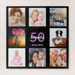 50th birthday 50 photo collage black woman jigsaw puzzle<br><div class="desc">A gift for a woman's 50th birthday,  celebrating her life with a collage of 8 of your photos.  Templates for a name,  age 50 and a date.  Date of birth or the date of the anniversary.  Purple and white colored letters. Chic black background color.</div>