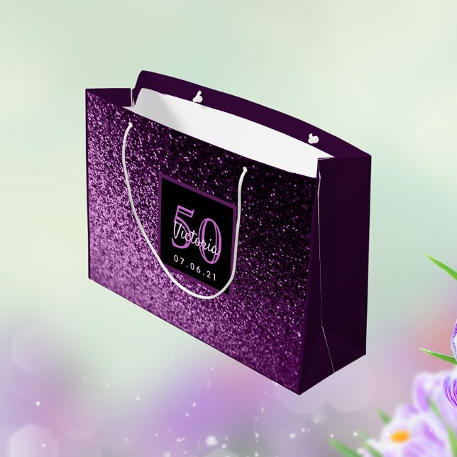 50th Birthday 50 purple pink glitter glam girl Large Gift Bag (Creator Uploaded)