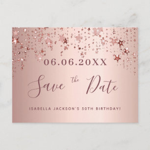 50th birthday 50 rose gold stars save the date postcard