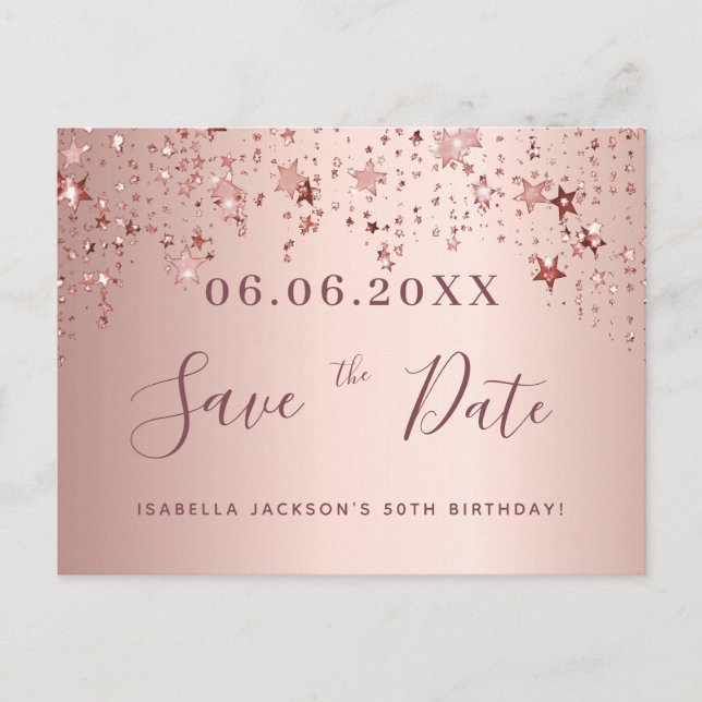 50th birthday 50 rose gold stars save the date postcard (Front)