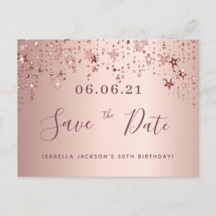 50th birthday 50 rose gold stars save the date postcard
