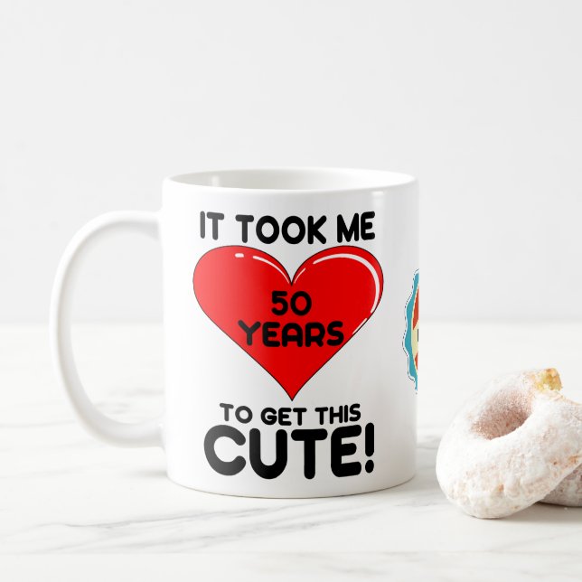 50th Birthday 50 Year Old Personalised Cute Heart Coffee Mug (With Donut)