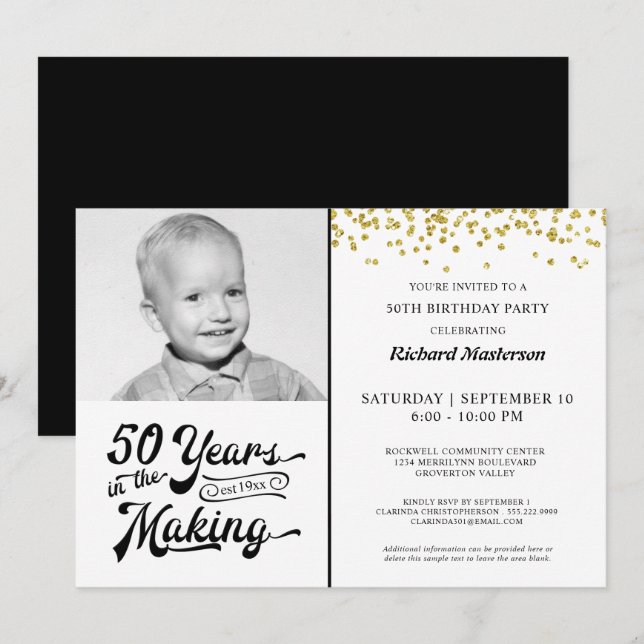 50th Birthday 50 YEARS IN THE MAKING Gold Confetti Invitation (Front/Back)