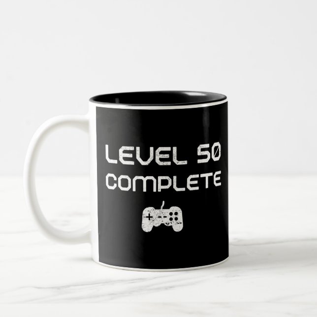 50th Birthday / 50th Anniversary Level 50 Complete Two-Tone Coffee Mug (Left)