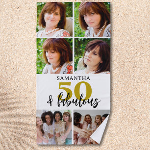 50th Birthday 6 Photo Collage Gold 50 & Fabulous Beach Towel