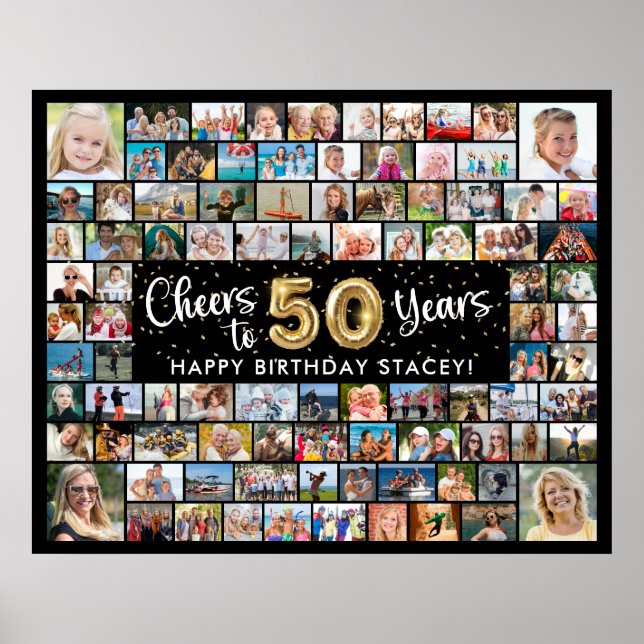 50th Birthday 92 Photos Black Gold Cheers To Year Poster (Front)