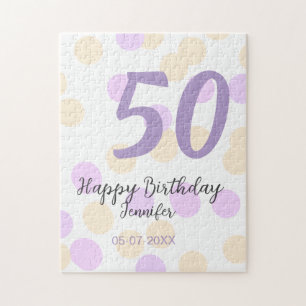 50th birthday add name date purple orange polkadot jigsaw puzzle