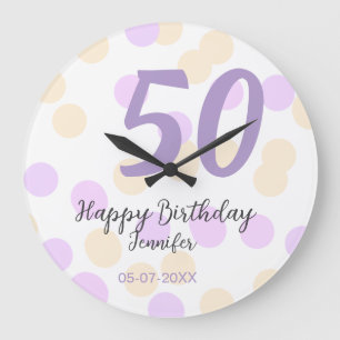 50th birthday add name date purple orange polkadot large clock