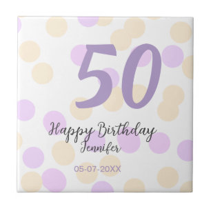 50th birthday add name date purple orange polkadot tile