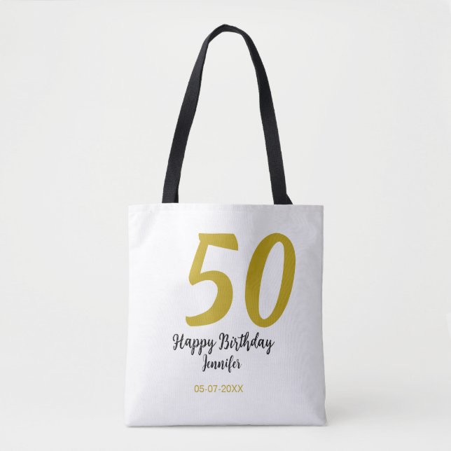 50th birthday add name date year black template go tote bag (Front)