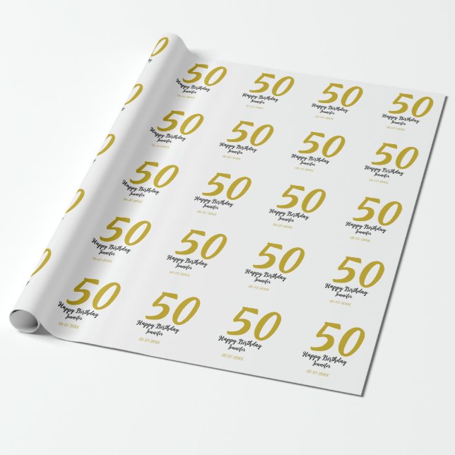50th birthday add name date year black template go wrapping paper (Unrolled)