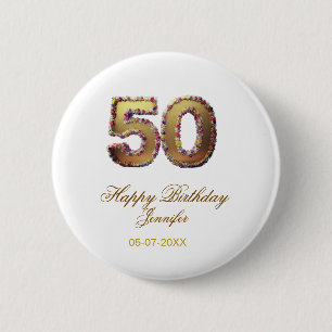 50th birthday add name date year gold floral bold 6 cm round badge