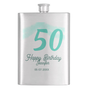 50th birthday add name date year green pastel bold hip flask