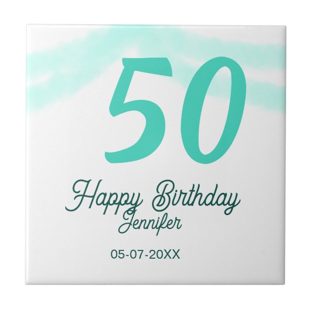 50th birthday add name date year green pastel bold tile (Front)