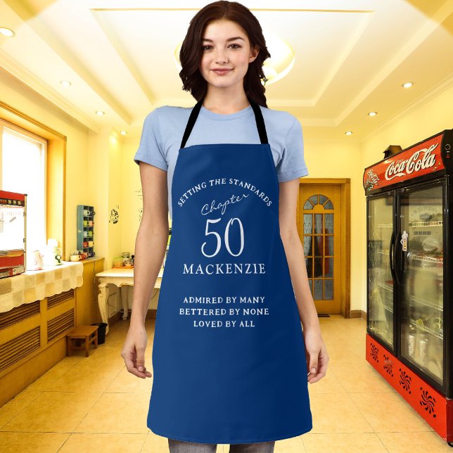50th Birthday Add Name Elegant Blue and White Apron (Creator Uploaded)