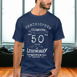 50th Birthday Add Name Legendary Blue Legend T-Shirt<br><div class="desc">For those celebrating their birthday we have the ideal birthday party t-shirt with a vintage feel. The blue background with a white vintage typography design is simple and yet elegant with a retro feel. Easily customise the text using the template provided. See in store for matching birthday gifts and supplies....</div>