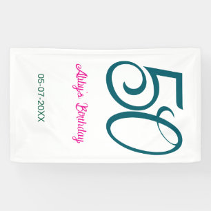 50th birthday add name year turquoise pink bold banner