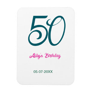 50th birthday add name year turquoise pink bold magnet