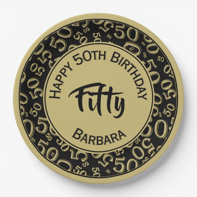 50th Birthday Age Number Pattern Black/Gold 50 Paper Plate (Front)