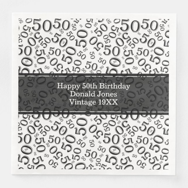 50th Birthday Age Number Pattern Black/White Napkin (Front)