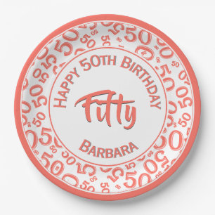 50th Birthday Age Number Pattern Coral/White 50 Paper Plate