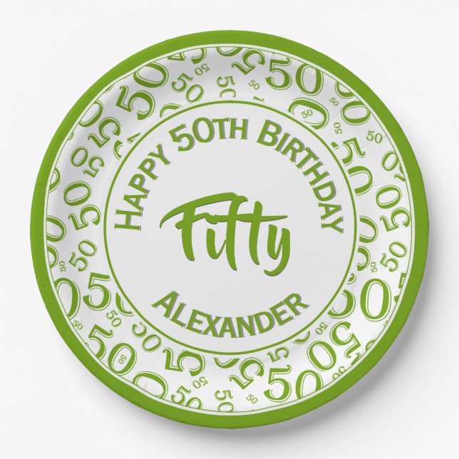 50th Birthday Age Number Pattern Green/White 50 Paper Plate (Front)