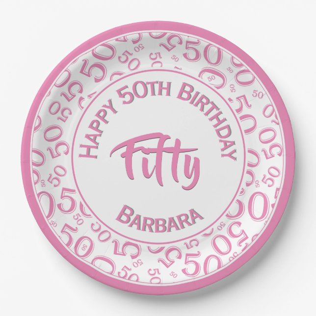 50th Birthday Age Number Pattern Pink/White 50 Paper Plate (Front)