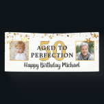 50th Birthday AGED TO PERFECTION Black Gold Stars Banner<br><div class="desc">Black white and gold stars birthday banner for any age birthday personalised with two photos and your custom text. The sample shows AGED TO PERFECTION over the editable age 50 and the editable greeting HAPPY BIRTHDAY NAME. Fun to use Then and Now photos. PHOTO TIP: For fastest/best results, choose a...</div>