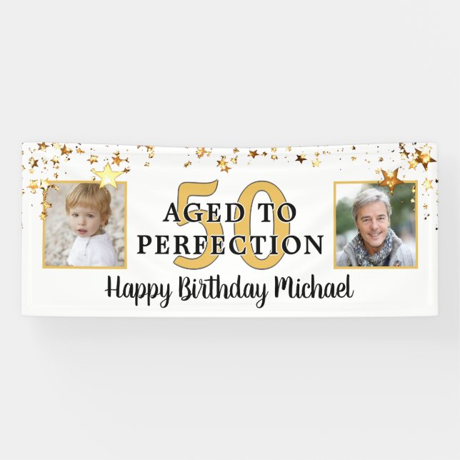 50th Birthday AGED TO PERFECTION Black Gold Stars Banner (Horizontal)