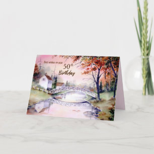 50th Birthday Arched Bridge Watercolor Painting Card