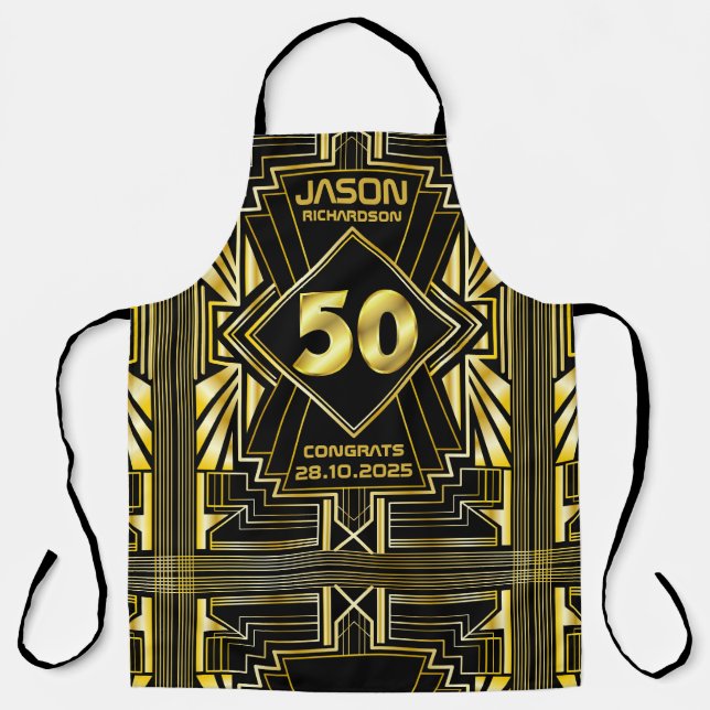 50th Birthday Art Deco Gold Black Great Gatsby Apron (Front)