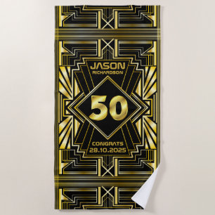 50th Birthday Art Deco Gold Black Great Gatsby Beach Towel
