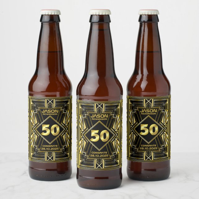 50th Birthday Art Deco Gold Black Great Gatsby Beer Bottle Label (Bottles)