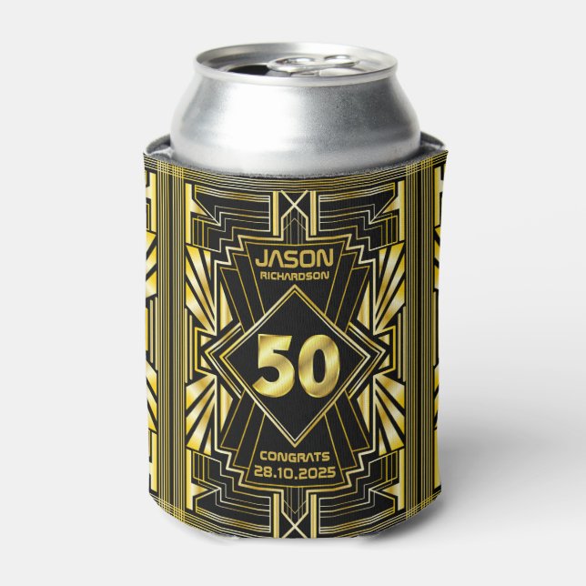 50th Birthday Art Deco Gold Black Great Gatsby Can Cooler (Can Front)