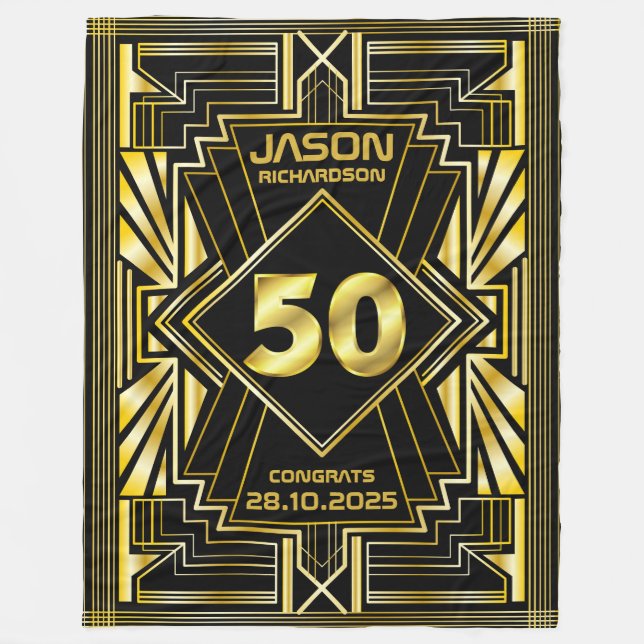 50th Birthday Art Deco Gold Black Great Gatsby Fleece Blanket (Front)