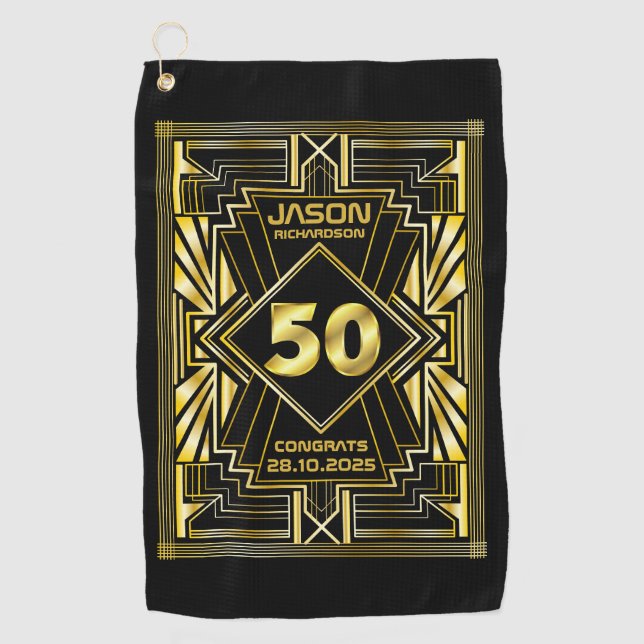 50th Birthday Art Deco Gold Black Great Gatsby Golf Towel (Front)