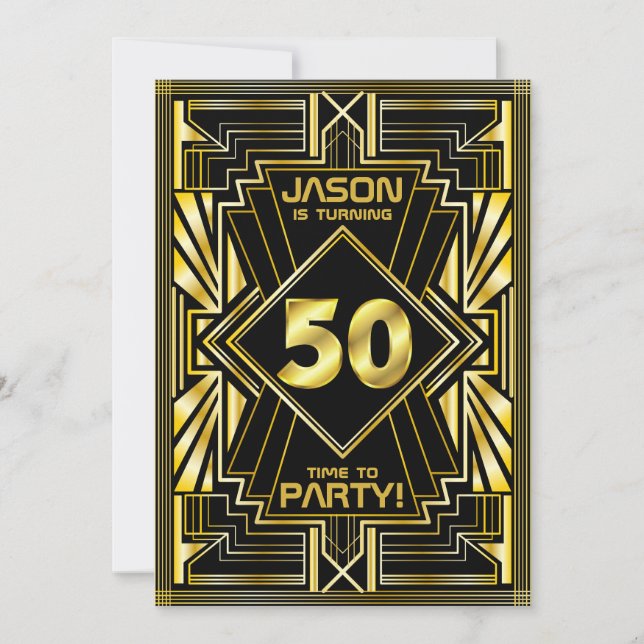 50th Birthday Art Deco Gold Black Great Gatsby Invitation (Front)